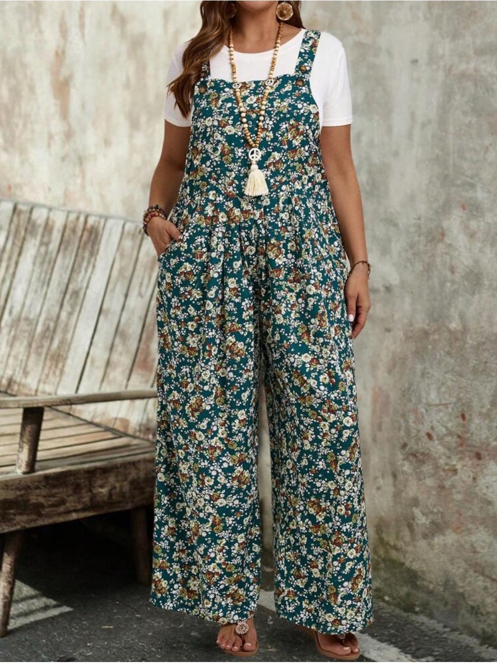 Floral Green Wide-Leg Jumpsuit Overalls